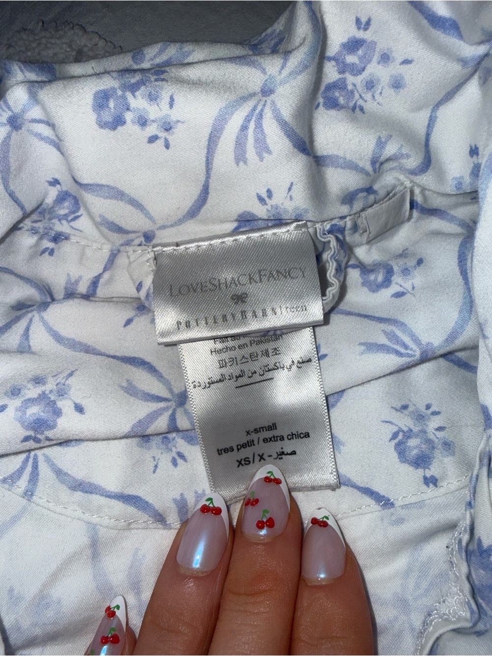 LoveShackFancy White and Light Blue Floral Two-Piece Pajama Set - Picture 6 of 7